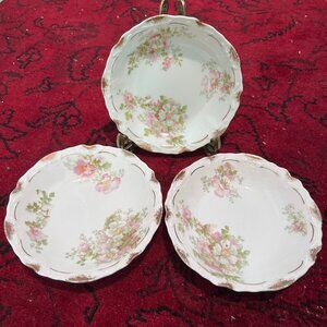Antique Coronet Limoges France 6" Scalloped Bowl Pink Roses Gold Trim Set of 3
